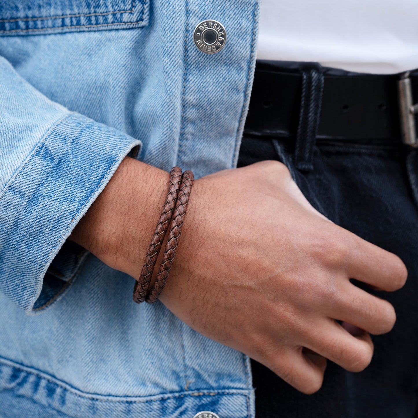 RTZN Brown Leather Bracelet for Men Premium Artisan Handcrafted Double Strand Braided Mens Bracelet (Small)