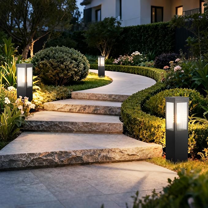 Outdoor Landscape Path Light Stainless Steel Waterproof Bollard Lighting Hardwired E26 Glass Post Pillar Lights Black Modern Lawn Lighting Outside House Pathway Lamp For Garden Patio Yard Street Light