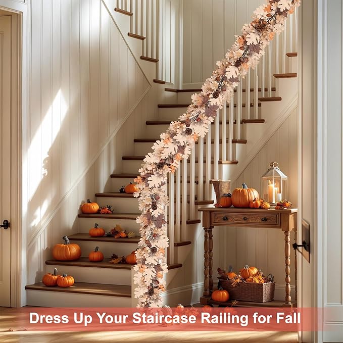 Fall Garland - 6 Ft Maple Leaf Garland with Pinecones - Fall Acorn Leaf Garlands with 30 Warm Lights for Thanksgiving Halloween Mantel Dining Table Centerpiece Indoor Outdoor Decor