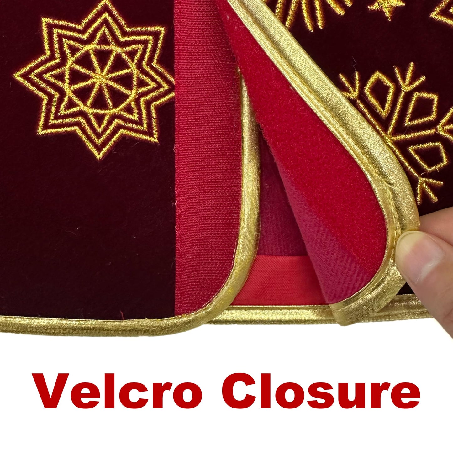 Starry Dynamo 28-Inch Velvet Burgundy Christmas Tree Collar with Embroidered Snowflakes, Foldable Tree Ring Base Cover for 5–7 ft Trees