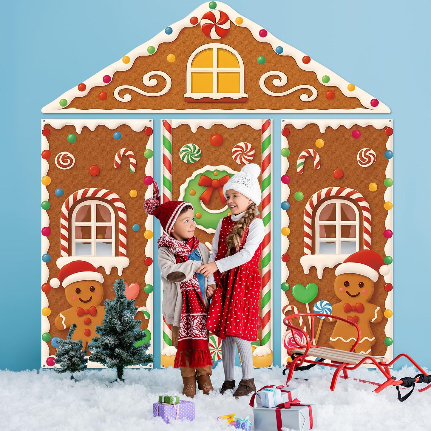 4Pcs Christmas Gingerbread House Door Cover Decorations, Gingerbread Door Cover Christmas House Backdrop for Xmas Photography Background Holiday Party Décor