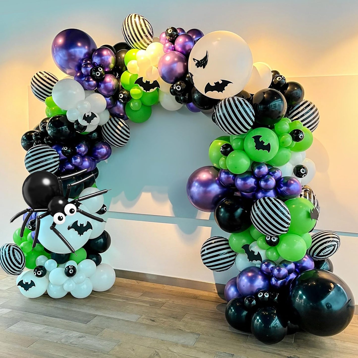 Halloween Balloons Garland Arch Kit, 120pcs Black White Green Purple Balloons, Metallic Purple Spider Striped Foil Balloon 3D Bat Stickers for Happy Halloween Birthday Haunted Theme Party Decorations