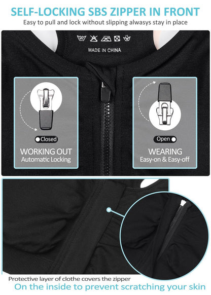 Women's Zip Front Sports Bra Wireless Post-Surgery Bra Padded Surgical Bra Front Closure Comfortable Racerback Yoga Workout Compression Sport Bras Multipack Zipper Up Bras (XXX-Large, 3 Pack Black)