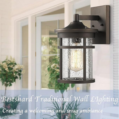 Bestshared Outdoor Wall Light, Exterior Porch Mount Light Fixture, Outdoor Wall Sconce, Front Door Lantern Lamp with Seeded Glass Shade(Oil Rubbed Bronze, 11.3" Height)