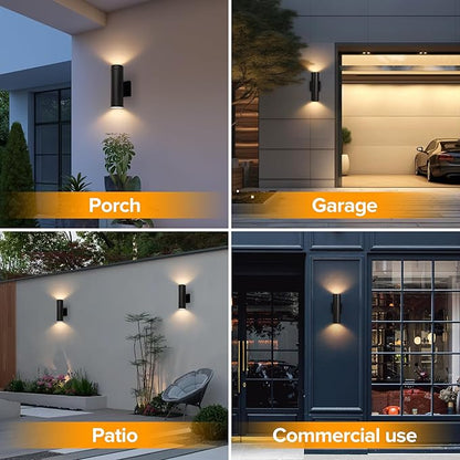 LUTEC Outdoor Wall Light Fixtures, Integrated LED Cylinder Up-Down Sconce, 16W 3000K Waterproof Aluminum Exterior Lighting, Modern Matte Black Wall Sconce Outdoor Lighting for Porch, Entryway, 2 Pack