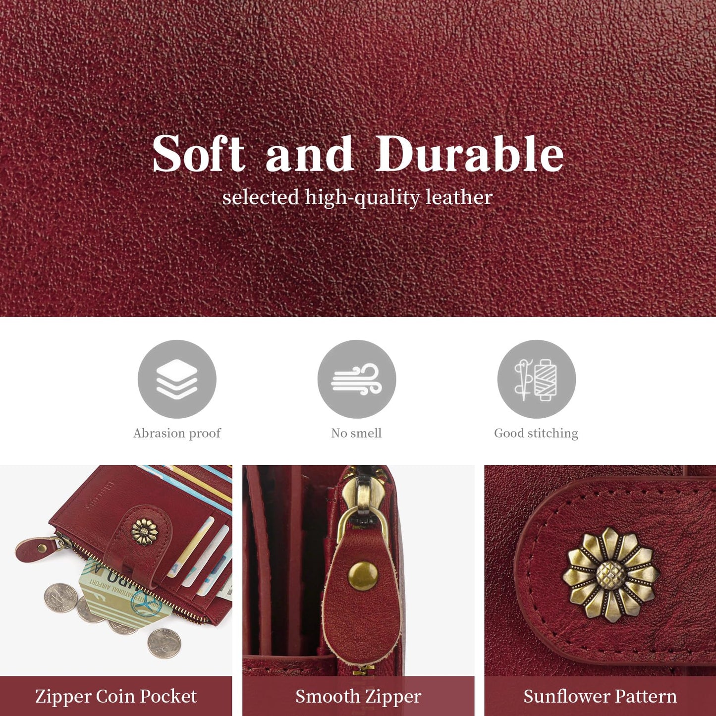 Blucoay Wallet Women,RFID Blocking Real Leather Womens Wallet Bifold Compact Card Holder Small Wallet for Women with Removable ID Window Red