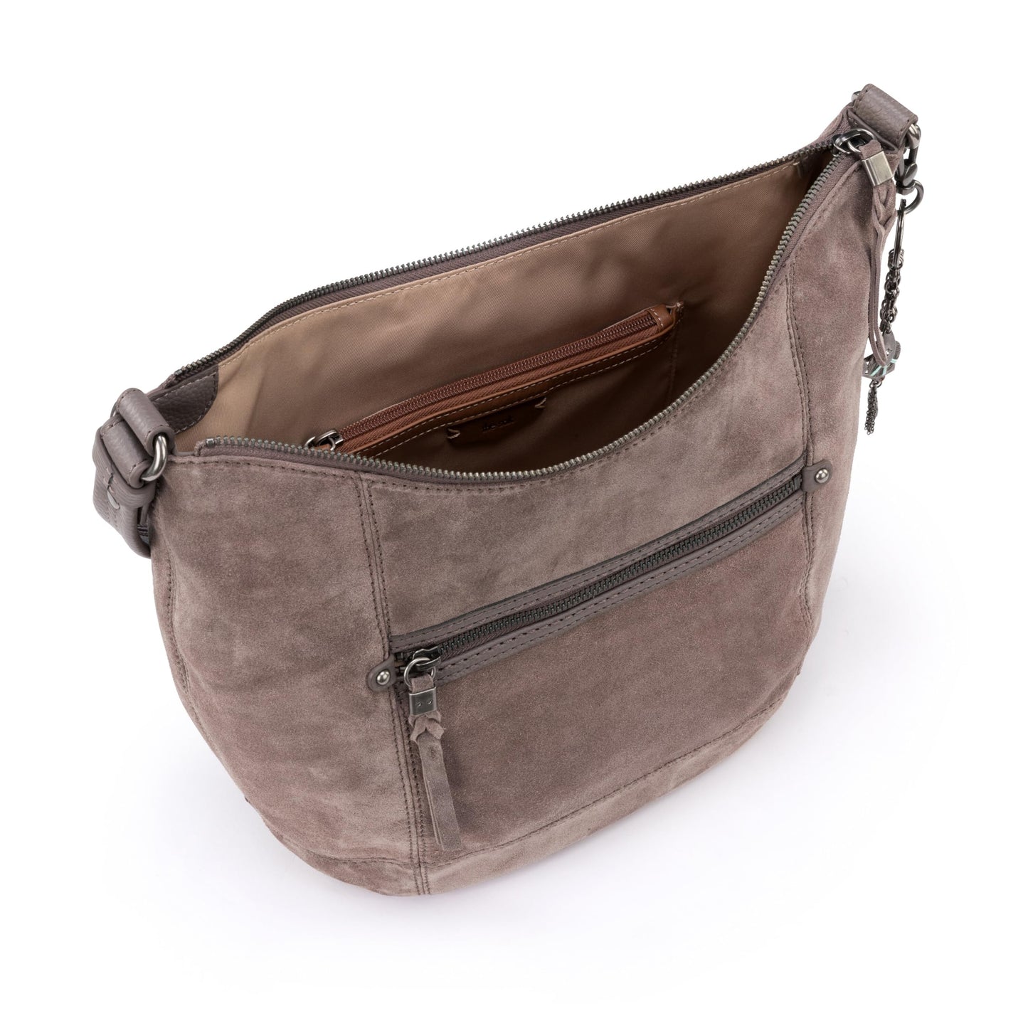 The Sak Sequoia Hobo Bag in Leather, Single Shoulder Strap, Mushroom Suede