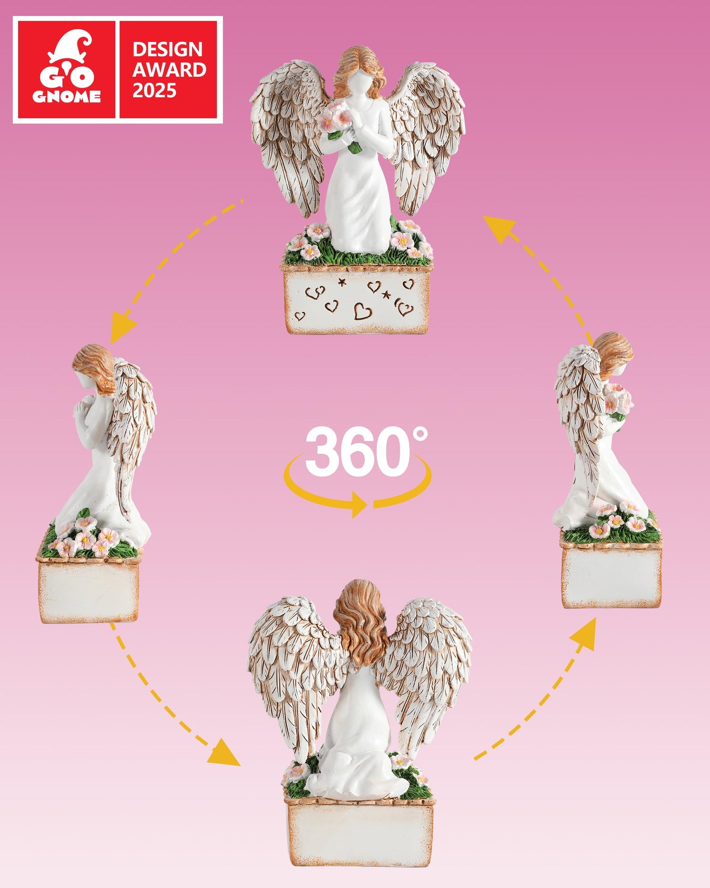 GoGnome Angelic Embrace - Resin Angel Figurine with Bouquet and Heart Accents Decorative Base - A Gift to Express Unwavering Love, Remembrance, Sympathy, Comfort Healing for Women Girls (Angel)