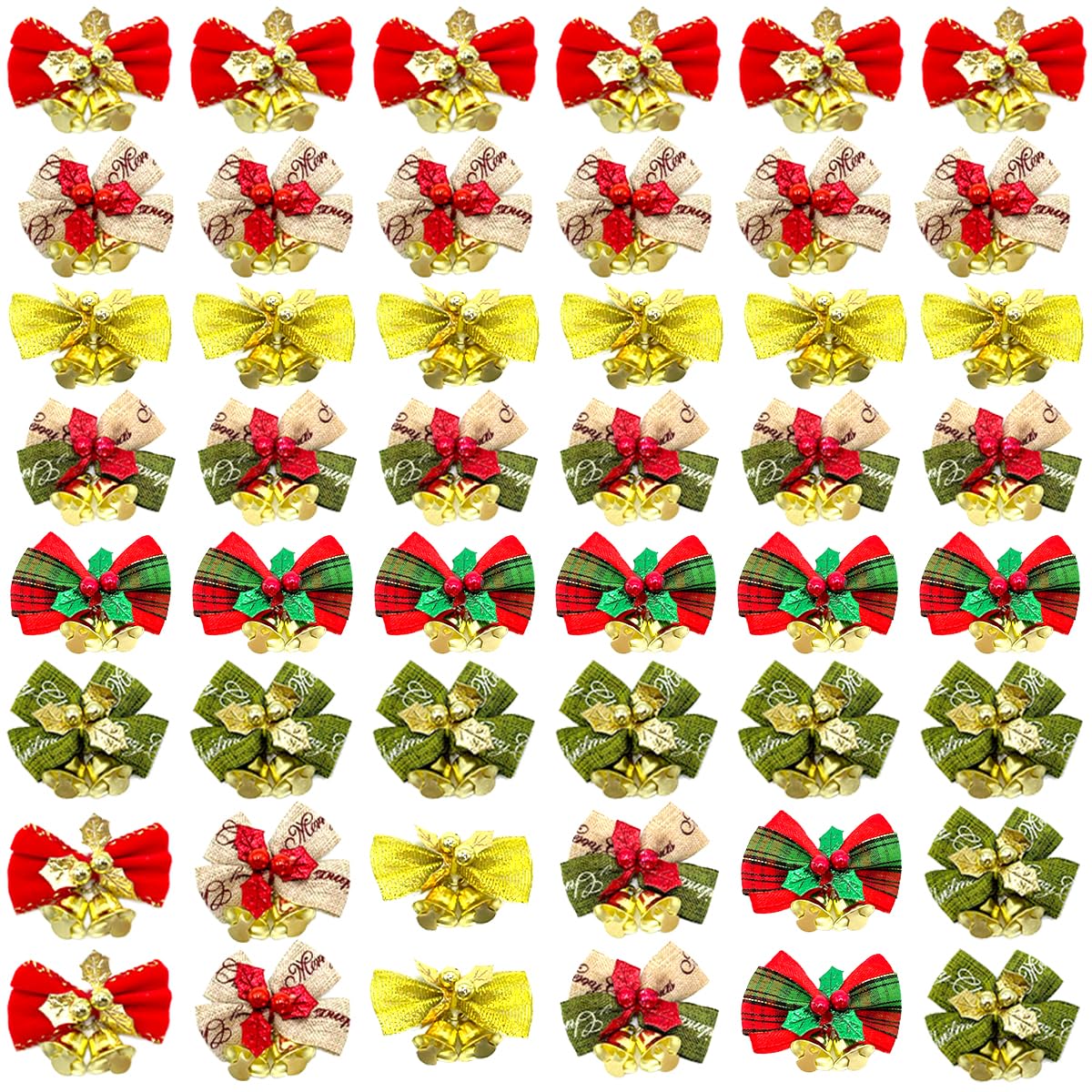Yxtwaeh 48 Pcs Christmas Mini Bows with Bells 2 Inch Christmas Tree Ribbon Bows with Bell Hanging Decorations for Tree Wreaths Gift Wrapping, 6 Styles
