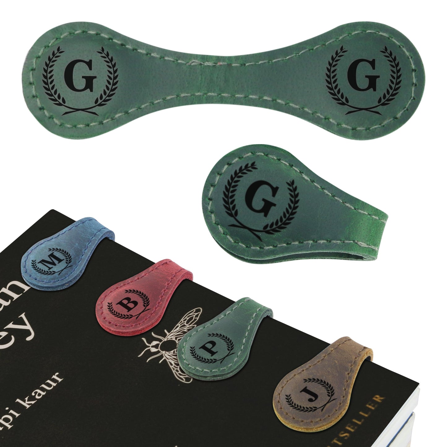 Personalized Magnetic Leather Bookmark - Genuine Leather Custom Bookmark with Initials, Handmade Magnetic Clips for Book Lovers, Readers, Kids, and Women - Premium Magnet Bookmark Charm (Green, G)