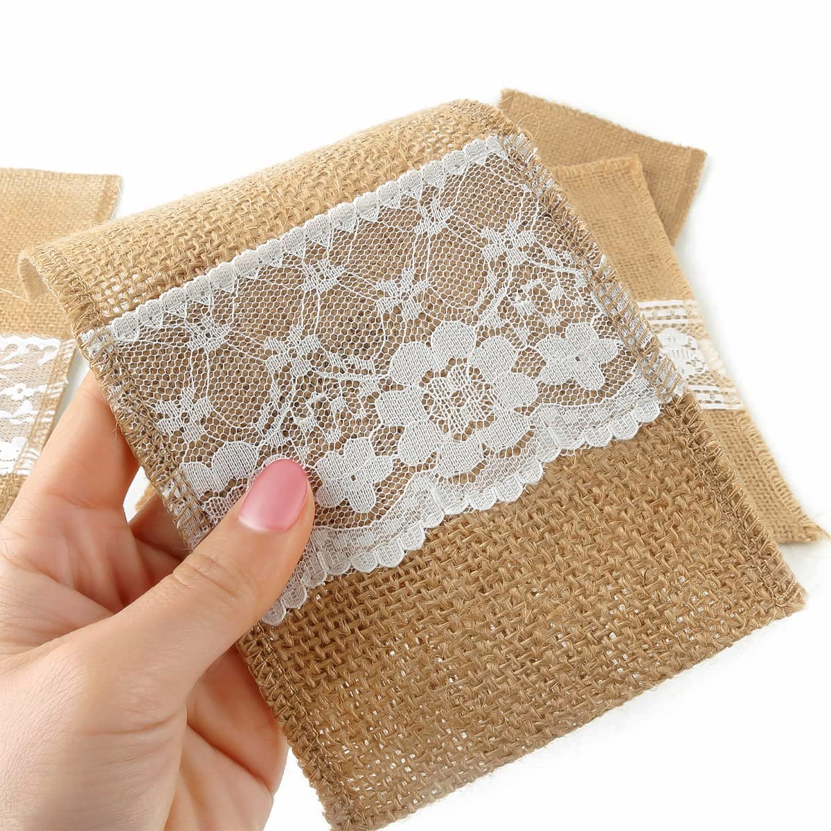 FQTANJU 50 PCS 4"x8" Burlap Lace Utensil Cutlery Holders Pouch Silverware Holder Knifes Forks Bags Burlap Napkin Bag for Rustic Wedding Party Decorations favors