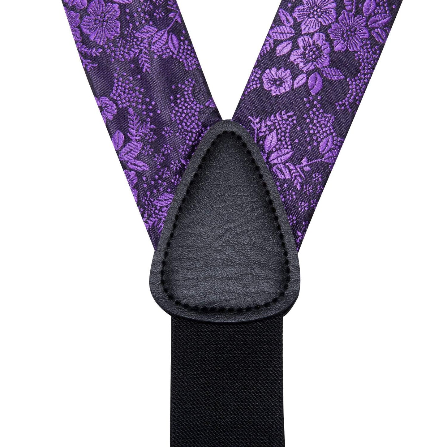 Hi-Tie Mardi Gras Purple and Black Silk Suspenders for Men Tie Set Jacquard Floral Adjustable Elastic Y Braces with Strong 6 Clips Pocket Square Set Wedding Party