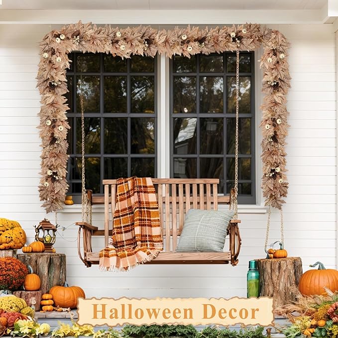 6 FT Fall Garland with Lights Timer Function Autumn Fall Leaves Garland with Berries Pine Cones Pumpkins Realistic Automatic ON/Off Timer Fall Decorations for Home Mantle Fireplace Porch Door Table