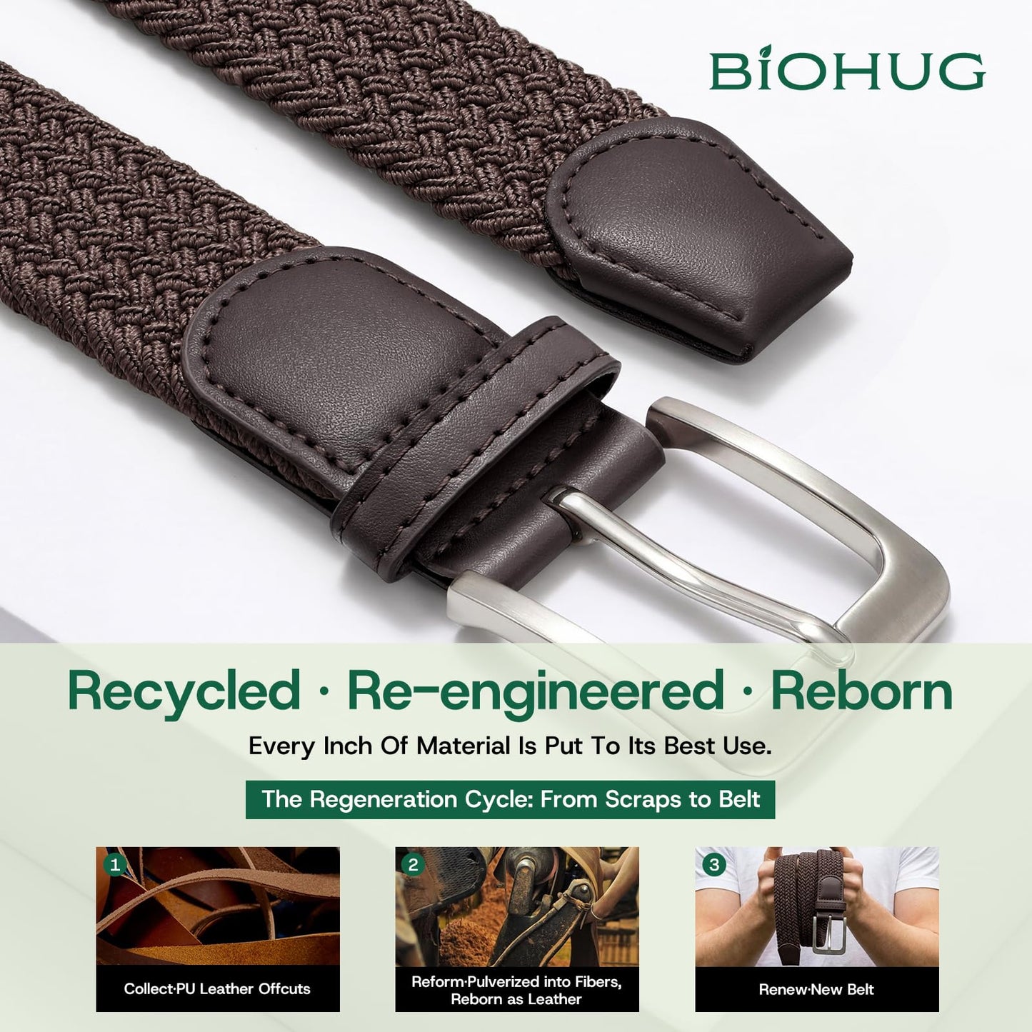 BIOHUG Men's Elastic Braided Belt Eco-Friendly Recycled Fabric Stretch Woven Belt for Jeans Pants,Golf Casual Wear 1.34" Width Dark Brown