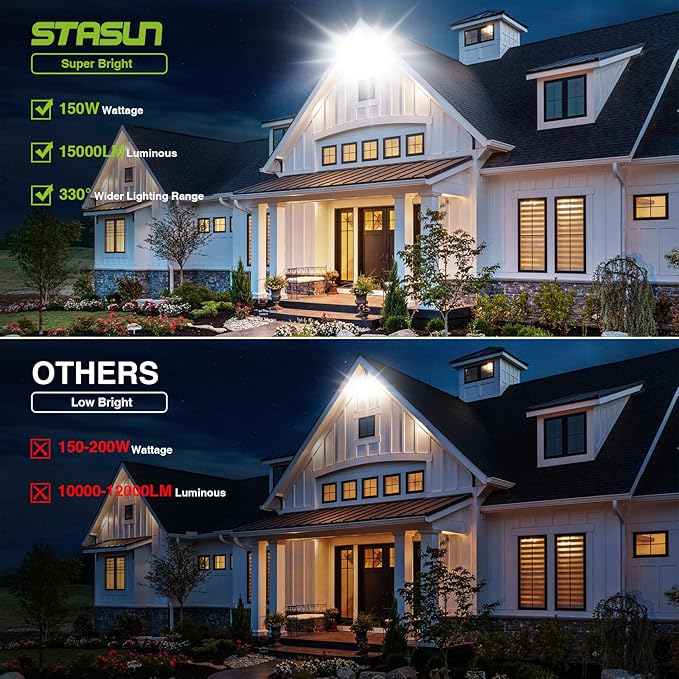 STASUN LED Flood Light Outdoor, 150W 13500lm Outdoor Lighting, 6000K Daylight White, IP66 Waterproof Outside Floodlight Exterior Security Light with 3 Adjustable Heads for Yard, Street, Parking Lot
