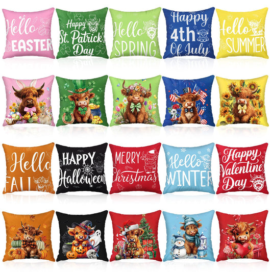 Mindsoft 20 Pcs Holiday Pillow Covers 18 x 18 Easter Pillow Cover Spring Summer 250th Anniversary Pillowcase Decorative Seasonal Cushion Case for Farmhouse Home Sofa(Highland Cow)