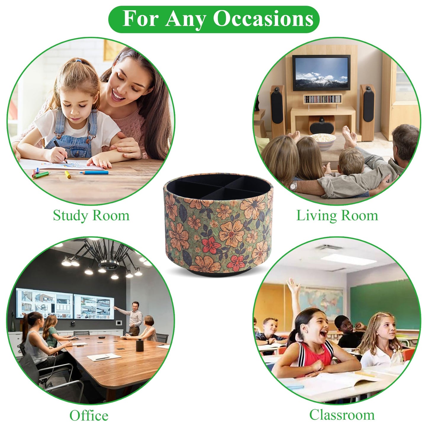 Lvkjafaz Round Leather Art Supply Organizer,Remote Control Holder,360 Degree Spinning,Multi-Functional Pencil Holder,4 Compartments Desktop Stationary Organizer(1-Wood Leather Green)