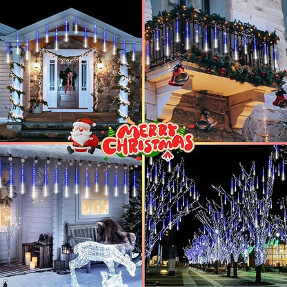 KNONEW 40 Tubes 1120 LED Meteor Shower Lights Christmas Lights Outdoor Plug in Waterproof Falling Rain Light for Xmas Tree Wedding Party Garden Holiday Rooftop Decorations (Blue and Cool White)