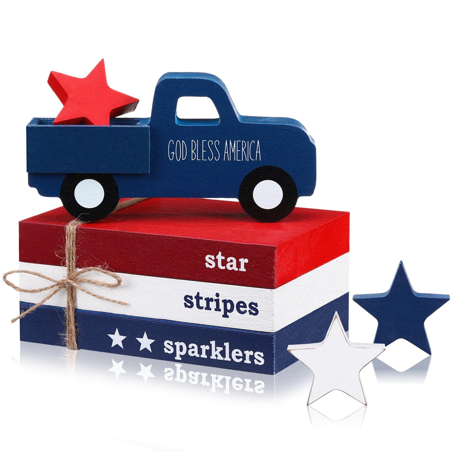 DoubleFill 7 Pcs 4th of July Decoration Patriotic Red White Blue Tiered Tray Decor 250th Anniversary Table Decor Centerpiece American Wood Faux Book Sign for Memorial Veterans Day Rustic Home Shelf