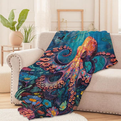 Underwater Octopus Throw Blanket for Boys Girls Kids Adults Women, Fuzzy Warm Soft Cozy Flannel Blankets Gifts for Bedroom, Couch, Travel, Home Decor 60x80 in