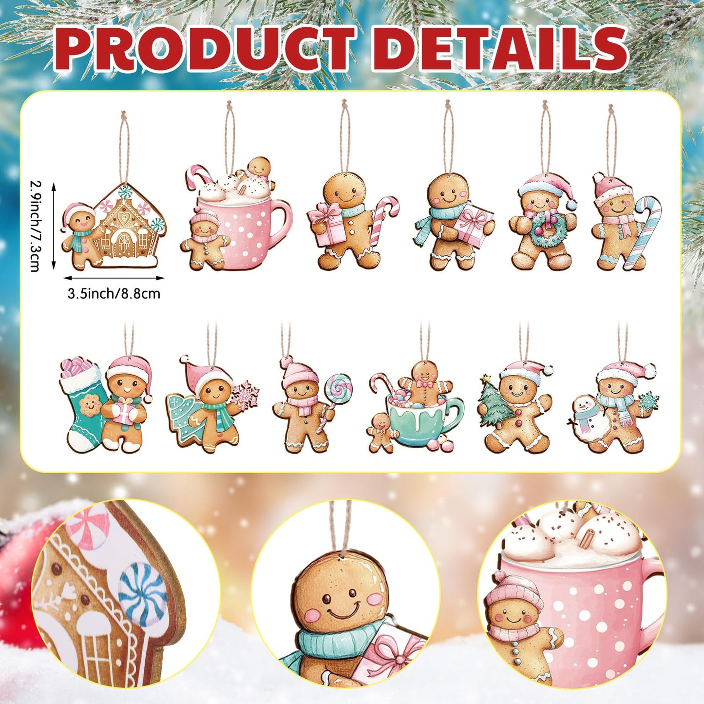 Kathfly 24 Pcs Pastel Pink Gingerbread Christmas Ornaments Wooden Gingerbread Men Cookies with Hemp Rope Cute Christmas Hanging Decorations for Xmas Tree Holiday Party Decor