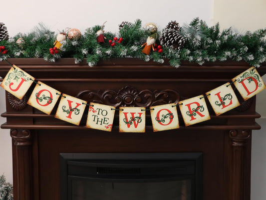 JUIIZAY Vintage Christmas Banner On Distressed Wood Joy To The World Christmas Decorations for Mantle Fireplace Farmhouse Xmas Holiday Hanging Decor