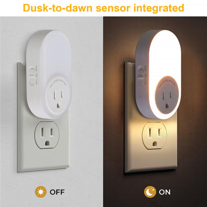 Dawnrise Night Lights Plug Into Wall, Dusk to Dawn Sensor Night Light with Power Outlet, CCT 2200K or 4000K, 5Lm or 20Lm Adjustable Brightness for Bedroom, Kitchen, Living Room, Office, 2PK