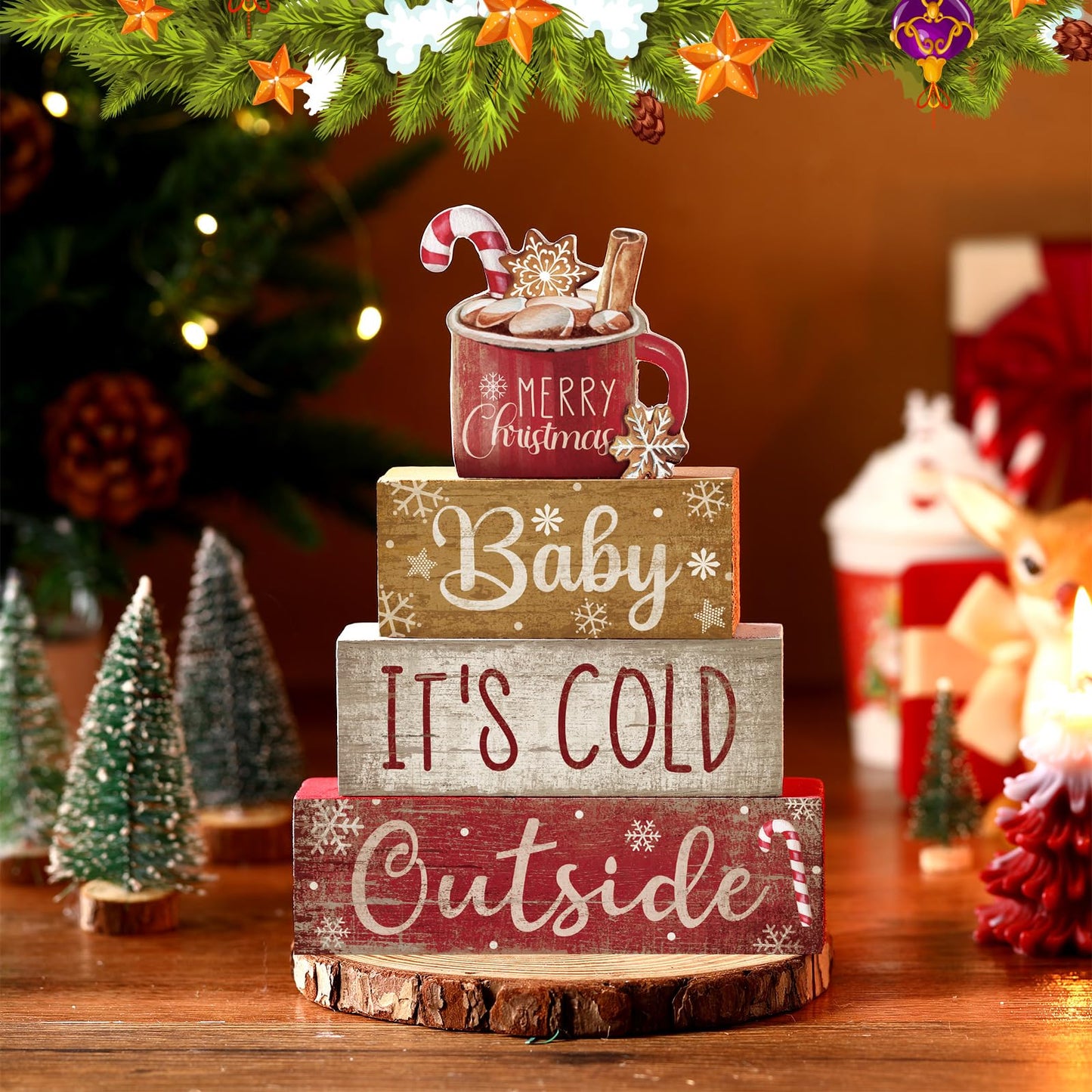 Moucuny 4 Pcs Christmas Table Decor Wooden Hot Cocoa Decoration Christmas Centerpiece Winter Tiered Tray Decor Decorative Red Hot Cocoa Block Signs Gift Farmhouse Xmas Decoration for Home Kitchen