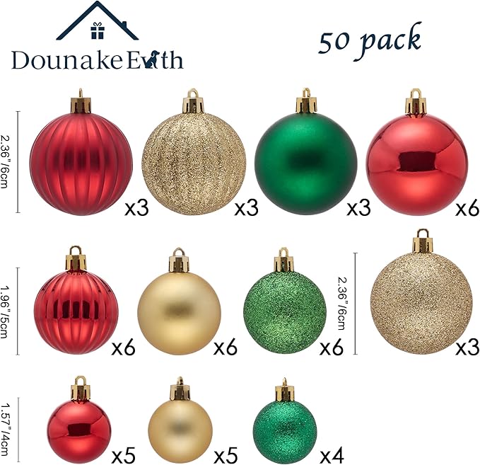 Christmas Tree Decorations Ornament Set, 50ct Red Green and Gold Shatterproof Christmas Ball Ornaments Hanging Xmas Holiday Party Decor(1.57"-2.36")