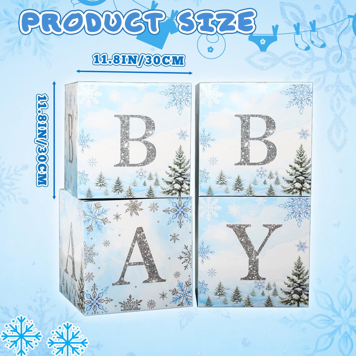 AmazingSpark 4 Pcs Winter Snowflake Blue Baby Shower Decoration Boxes with Letters Winter glitter Snowflake Wonderland Box Block Baby Shower Backdrop Centerpiece for Party