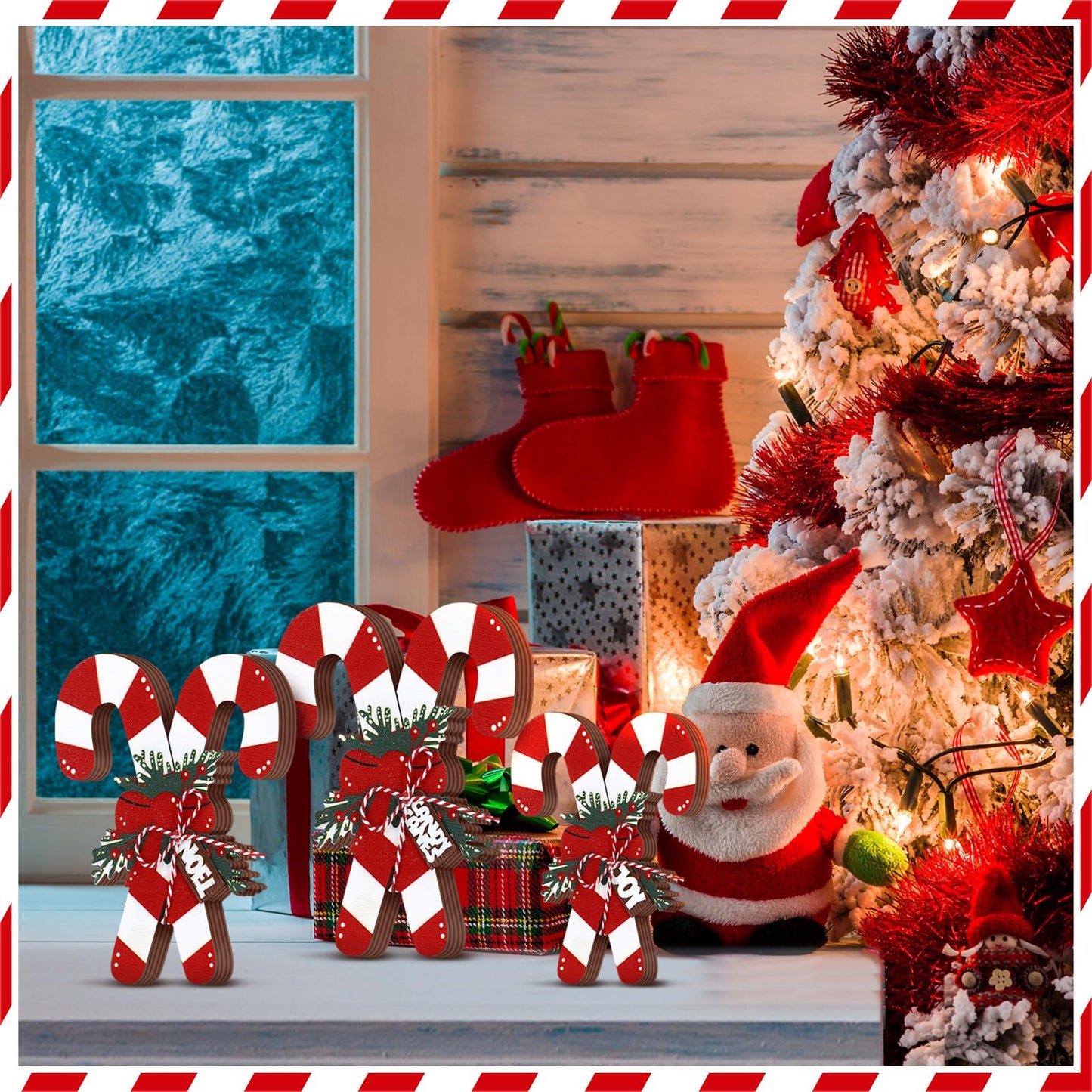 Kasyat 3 Pack Christmas Candy Cane Table Decor Christmas Wooden Decorative Sign Red and White Stripes Candy Cane Xmas Tiered Tray Decor Farmhouse Table Centerpieces Block Set for Home Shelf