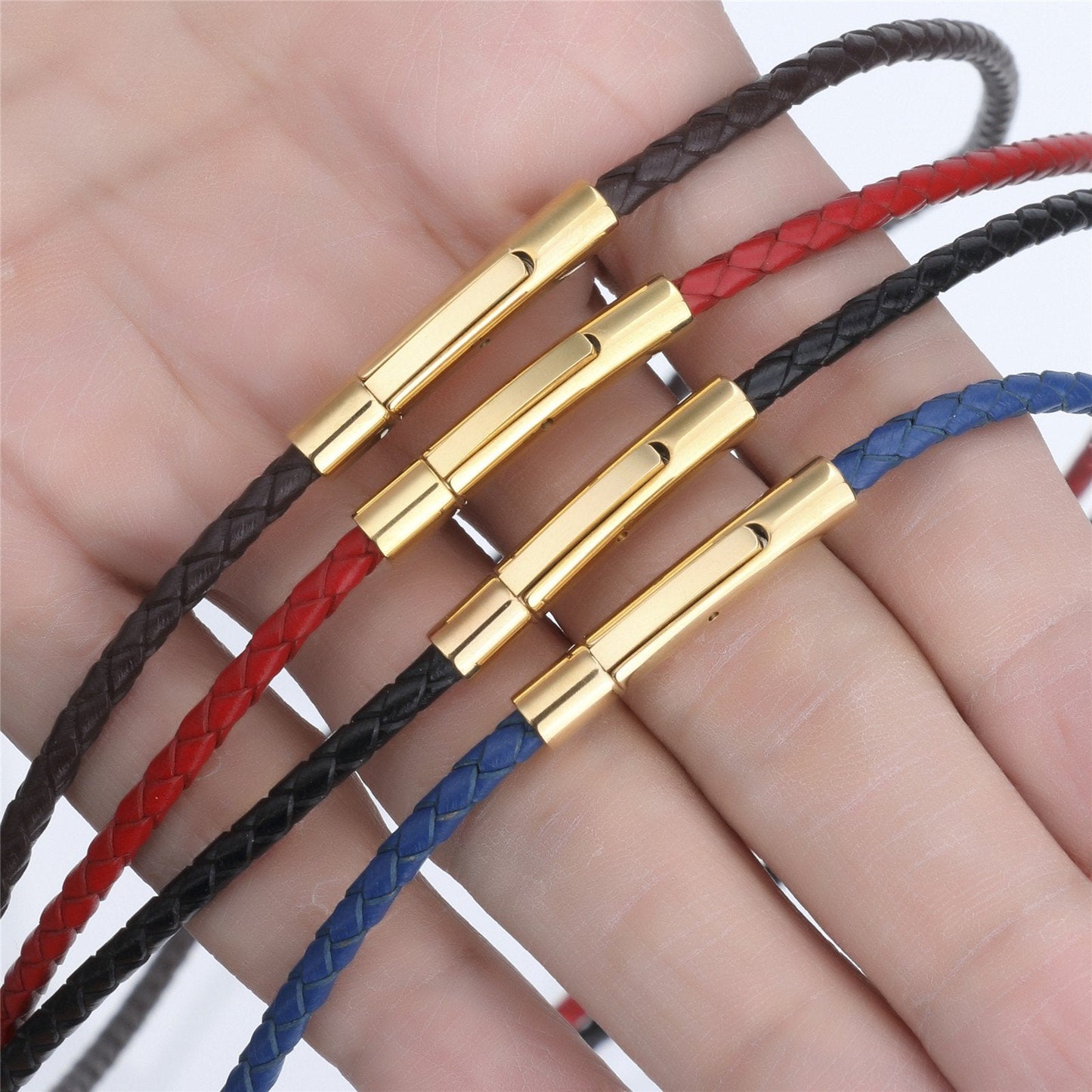 ELFASIO 3mm Braided Leather Chain Cord Necklace for Men/Women, Black/Brown/Red/Blue Rope Chain for pendant, Gold Stainless Steel Secure Clasp 22inches