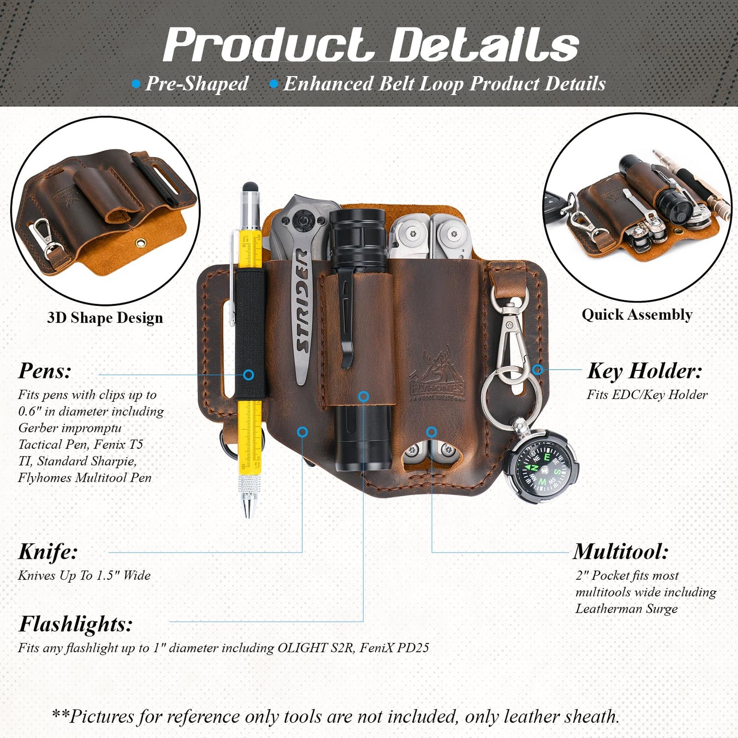 FLYHOMES Premium Full-Grain Genuine Cowhide Leather Multitool Sheath | Handmade Stitched Belt Organizer for Leatherman, Flashlight, Pen & EDC Tools | Multi-Tool Holster Pouch with Keychain Clip