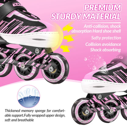 ECOO Adjustable Inline Skates Boys and Girls with Light up Wheels，Roller Skates for Kids Ages 4-12, Teen Skates for Beginner Outdoor and Indoor (Pink, Large-Youth（3-6 US）)