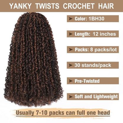 COOKOO 12 Inch 8 Packs Pre-Looped Yanky Twist Crochet Hair with Mini Curly Ends Mix 2 Tones Micro Yanky Twist Passion Twist Crochet Hair Pre twisted Spring Twist Crochet Hair for Women 1BH30#