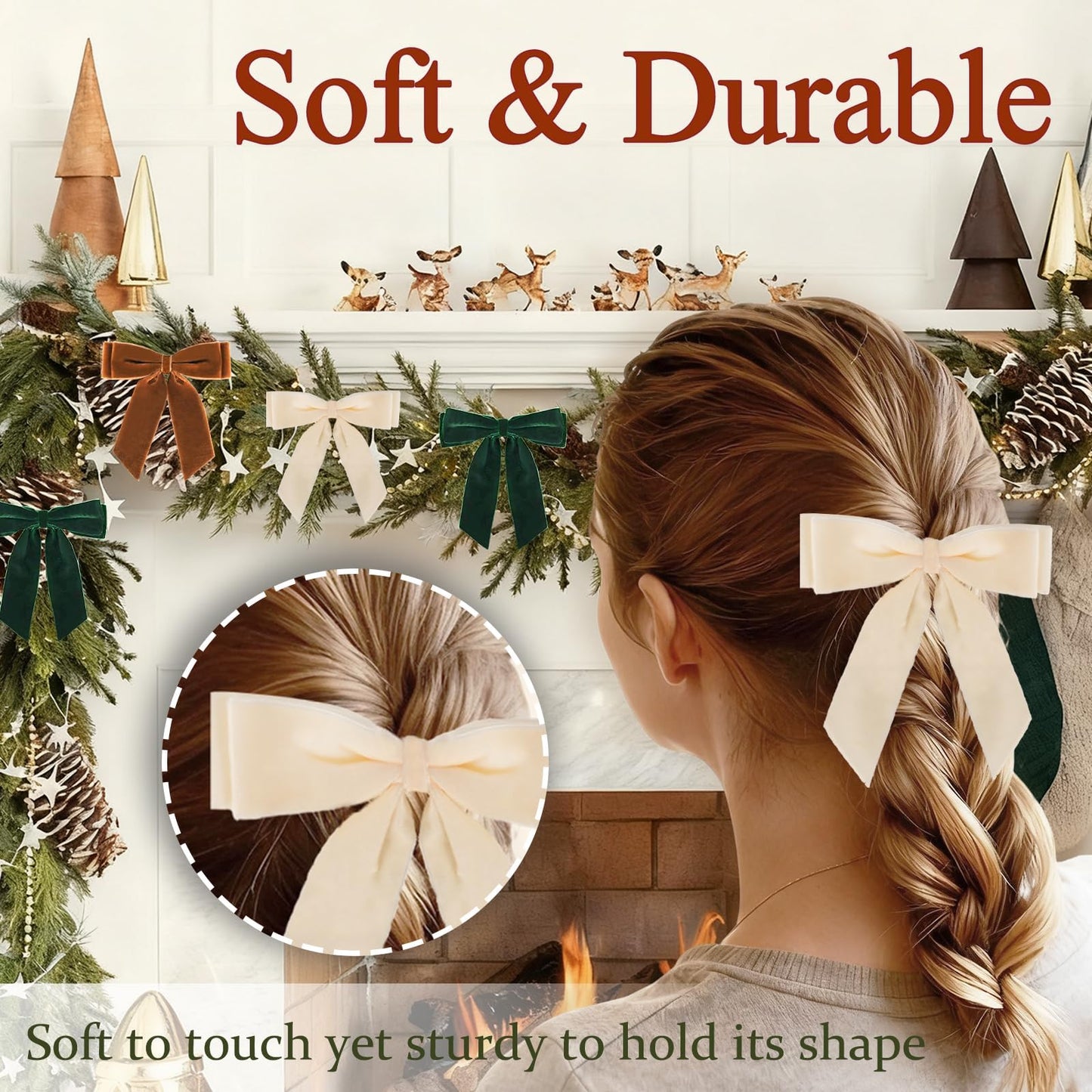 12Pcs Velvet Bows for Christmas Tree, Brown Beige Green Bow Christmas Decorations with Twist Tie, Mix Velvet Bow Ornaments Bulk for Wreath Garland Gift Wrapping Wedding Champagne Parties, 6x6in