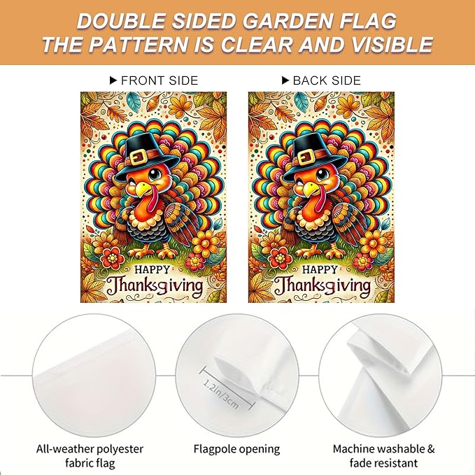 Thanksgiving Garden Flag Cute Turkey Pilgrim Hat 12x18 Inch Seasonals Outdoor Yard Banner Double Sided Fall Autumns Flags Decor For Girls or boys gifts Decrations Flags