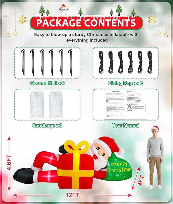 EAONE 12FT Giant Christmas Inflatable Santa Claus Lying for Outdoor Decoration, Christmas Blow Ups Yard Decoration Santa Claus & Gift Bags with Lights for Garden, Lawn, Home Xmas Holiday Season Decor
