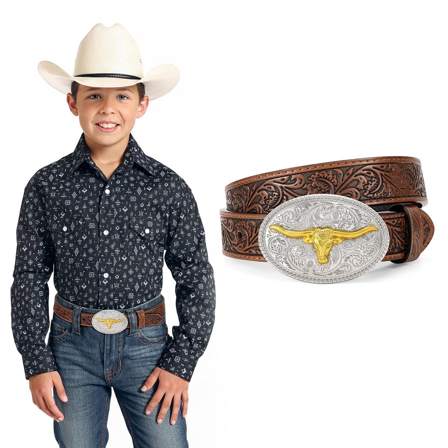 JKEEMI Kids Western Belt for Boys Girls, Embossed Genuine Leather Cowboy Cowgirl Belt for Jeans Pant Dresses Gift