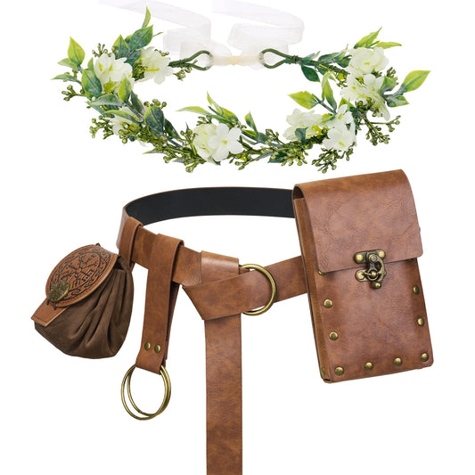 YESSA Renaissance Accessories,Medieval Viking Leather Belt Pouch Coin Purse,Ren Faire Headpiece Phone Holder Waist Bag Halloween Cosplay Pirate Costumes Set,Brown