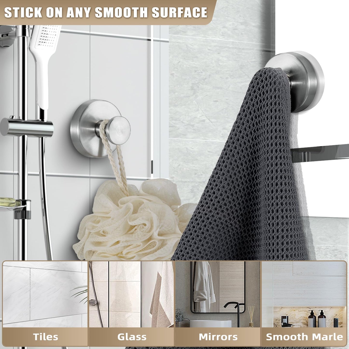 Fenas Suction Cup Hooks for Shower No-Drill Bathroom Hooks for Towels, Robes, Loofah Mountable on Bathroom Walls, Kitchen, Glass, Mirrors, Tile and Smooth,Non-Porous Surfaces (2, Brushed Nickel)