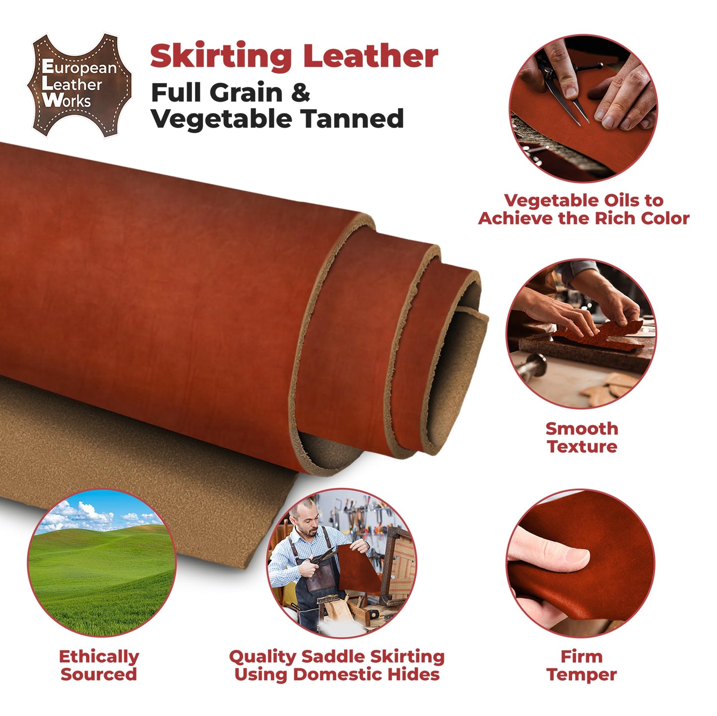 ELW 8-10 oz (3-4 mm) Skirting Veg Tan Leather | Chestnut 1-2 SQFT| Thick Cowhide Tooling Leather Sheet for Belts, Saddle, Holster, Sheaths, Bulk Real Leather Pieces, Crafts, Remnants, Scraps USA