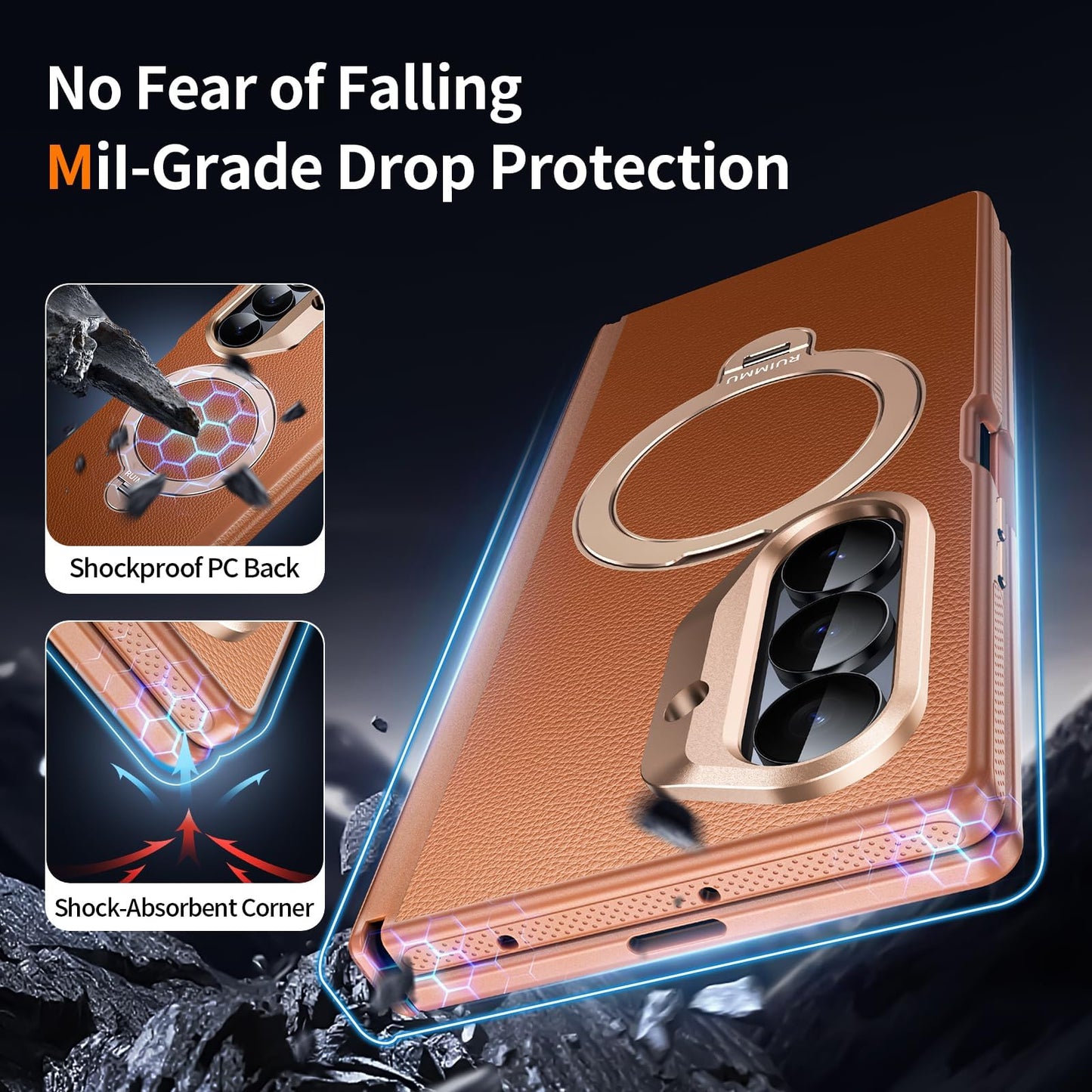 RUIMMU for Samsung Galaxy Z Fold 7 Case - Luxury Leather Texture Zfold 7 Case with Screen Protector, Kickstand and 360° Ring Holder Brown