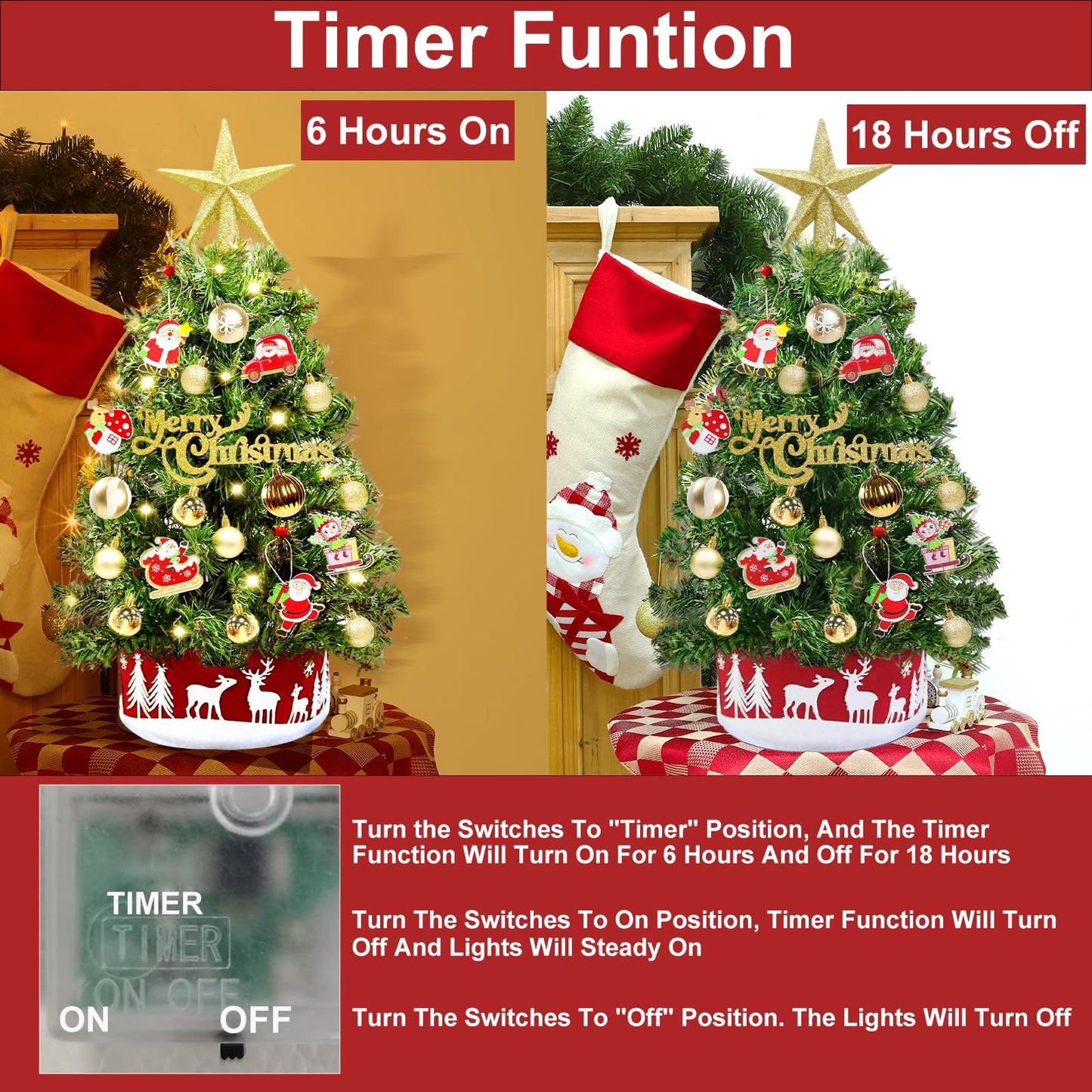 Grandeal 24" /2FT Mini Christmas Tree with Lights Timer 30 LEDs & 34 Ornaments, Small Tabletop Christmas Trees Artificial Christmas Decorations for Indoor Desk Room Office Home Decor Xmas