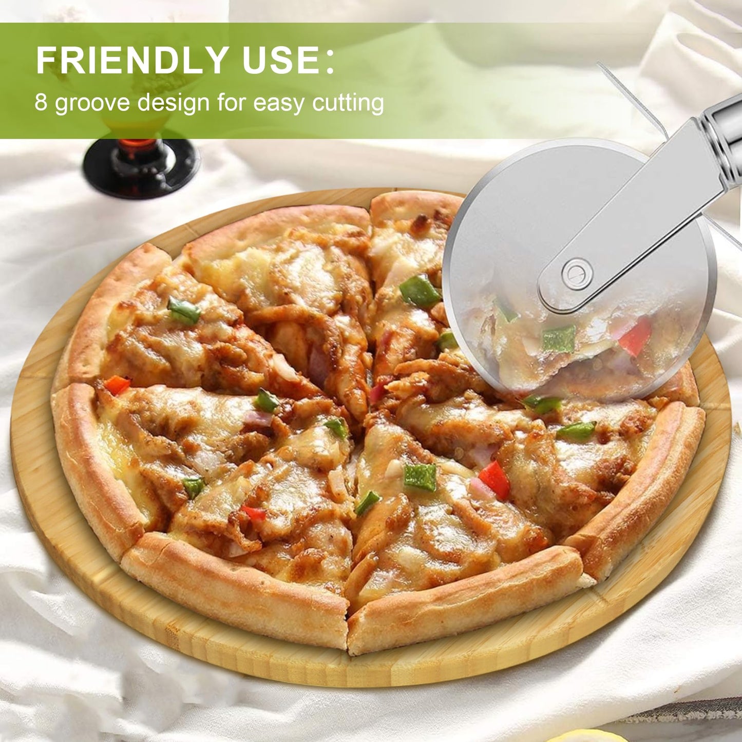 TUOCON 16" Pizza Cutting Board Double Sided Round Cutting Boards Large Pizza Server Bamboo Wooden 16inch Platter Pizza Oven Accessories Kitchen Gifts Pizza Prep Board with Grooves