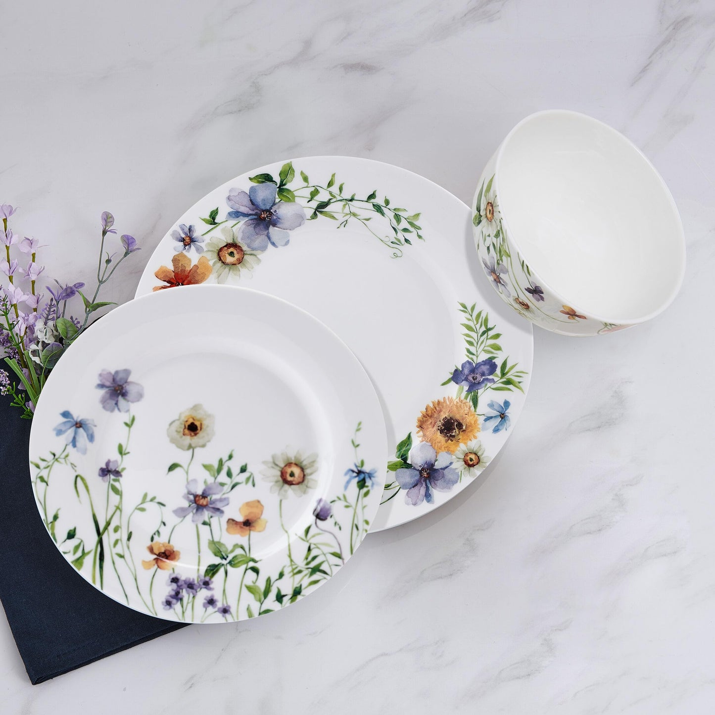 Mikasa Audrina Water Color Flowers Bone China Lightweight Chip Resistant 12 Piece Dinnerware Set, Service for 4, White