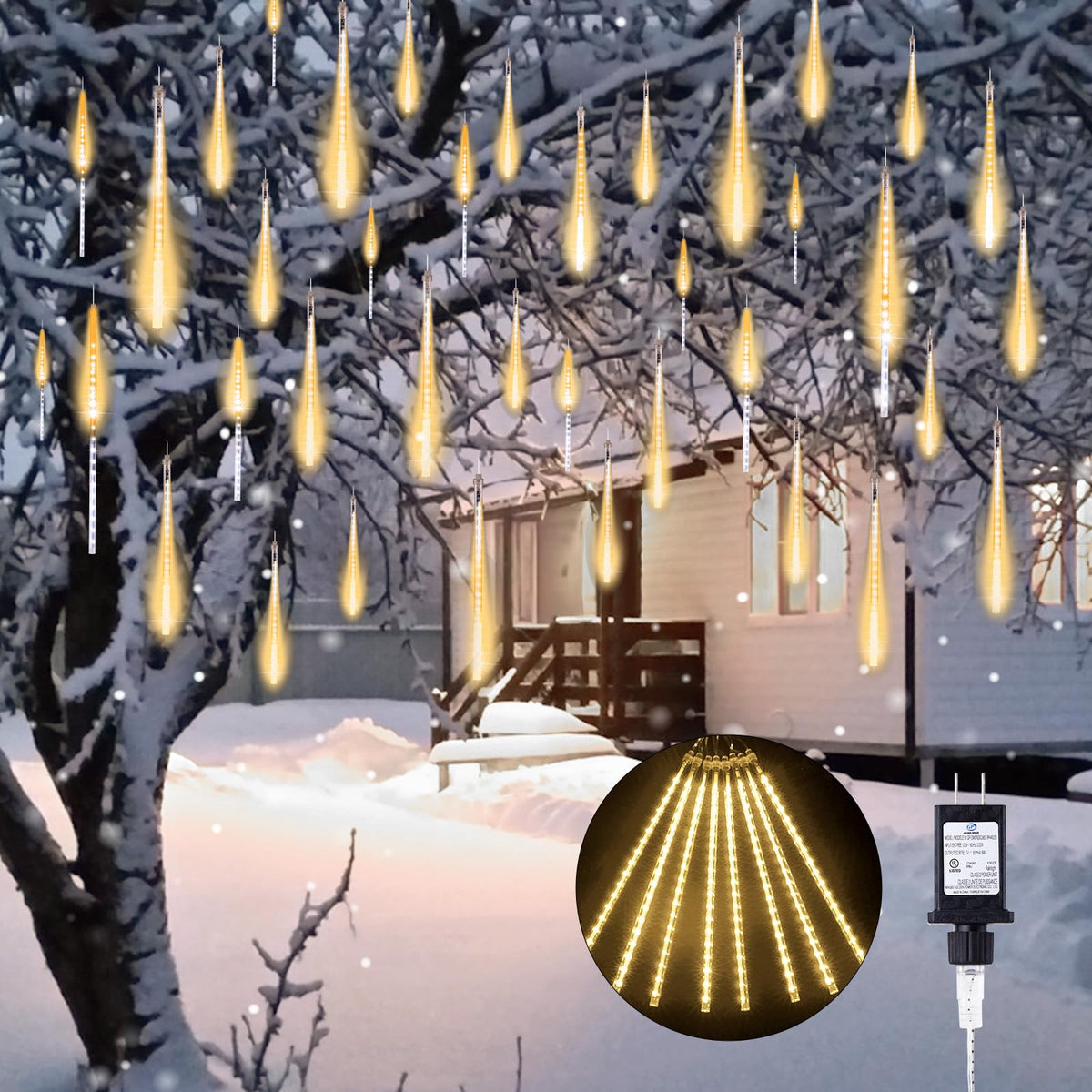 Brightown Meteor Shower Lights Outdoor, 16 Inches 16 Tubes 576 LED Icicle Lights, Waterproof Meteor Christmas Light Outdoor, Hanging Falling Rain Light for Tree Holiday Party Christmas, Warm White