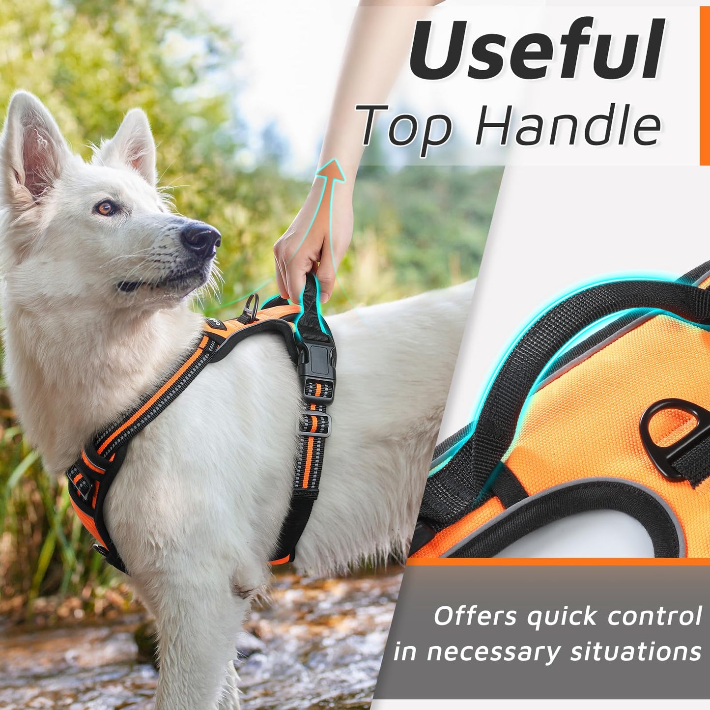Eagloo Dog Harness for Large Dogs, No Pull Service Vest with Reflective Strips and Control Handle, Adjustable and Comfortable for Easy Walking, No Choke Pet Harness with 2 Metal Rings, Orange, L