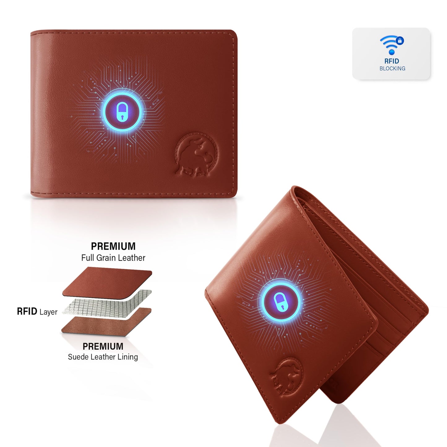 BULLTAILOR Full-Grain Leather Wallet for Men, Minimalist Slim Mens Bifold RFID Blocking Wallet with Cash Pocket, 8 Card Slots (Cognac Brown)