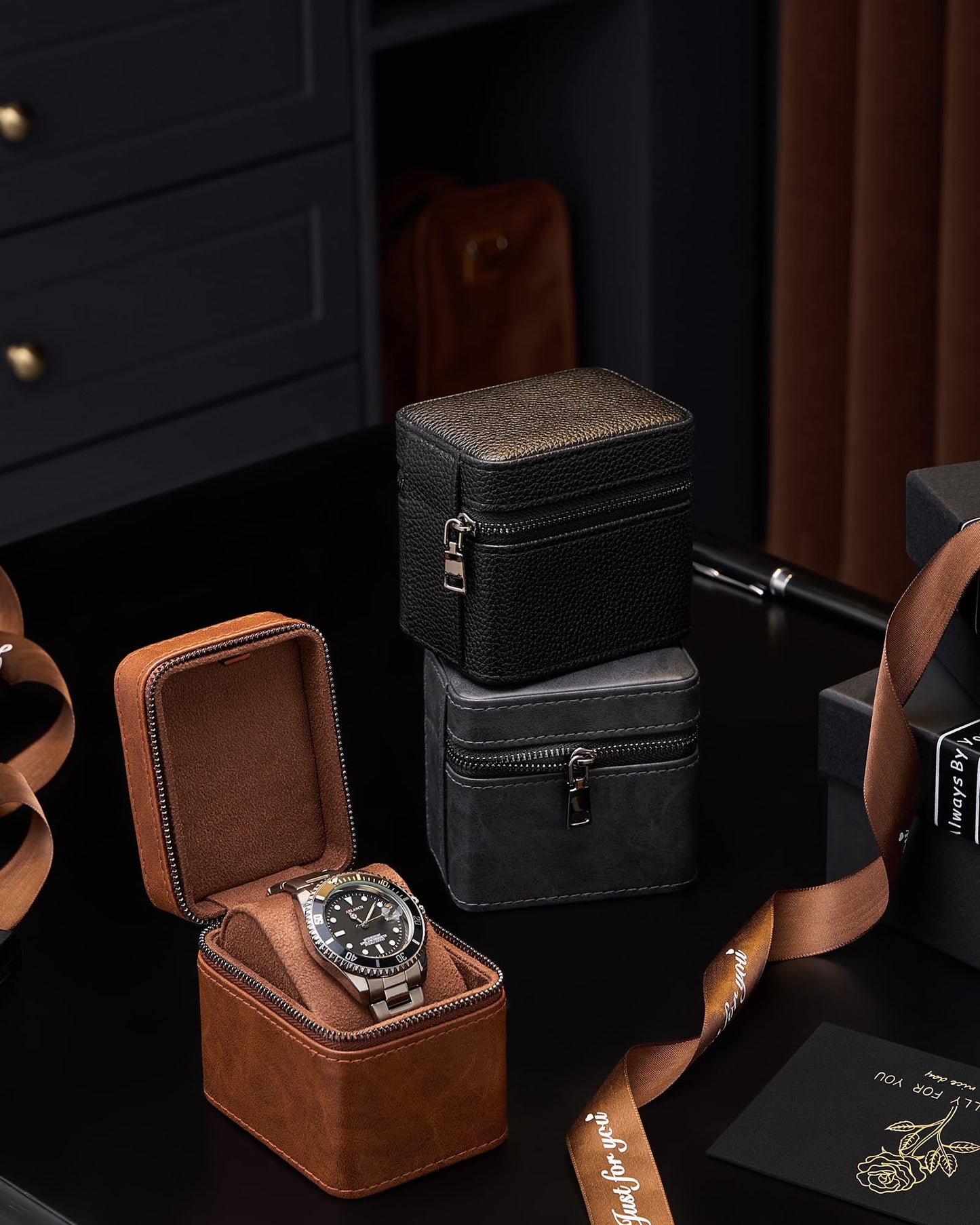 ProCase Single Watch Travel Case for Men, PU Leather Portable Watch Holder, Compact Small Carrying Storage Box for Luxury Watches & Smartwatches with Jewelry Compartment, Fathers Day Gift -Black
